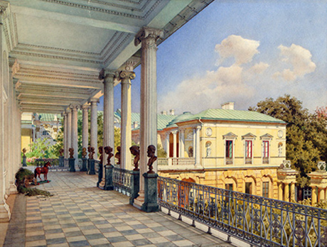 Ил. 3. Л. О. Премацци. Вид с Камероновой галереи на Висячий сад и павильон «Холодная баня». 1859